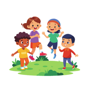 4 cartoon child characters standing and jumping on grass